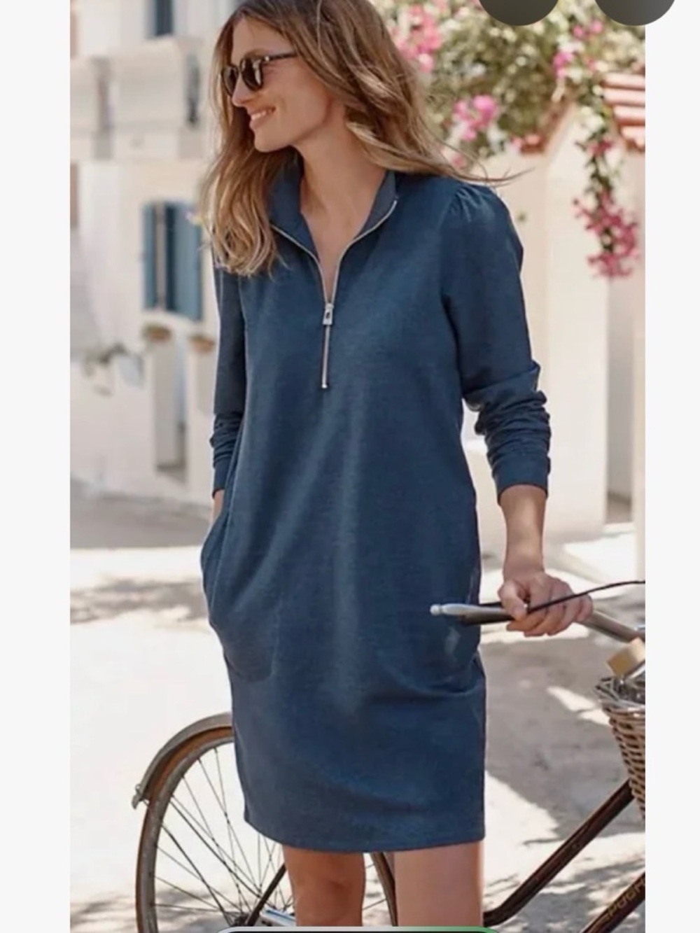 EUC Garnet Hill Navy Soft Knit Dress with Quarter-Zip and Pockets